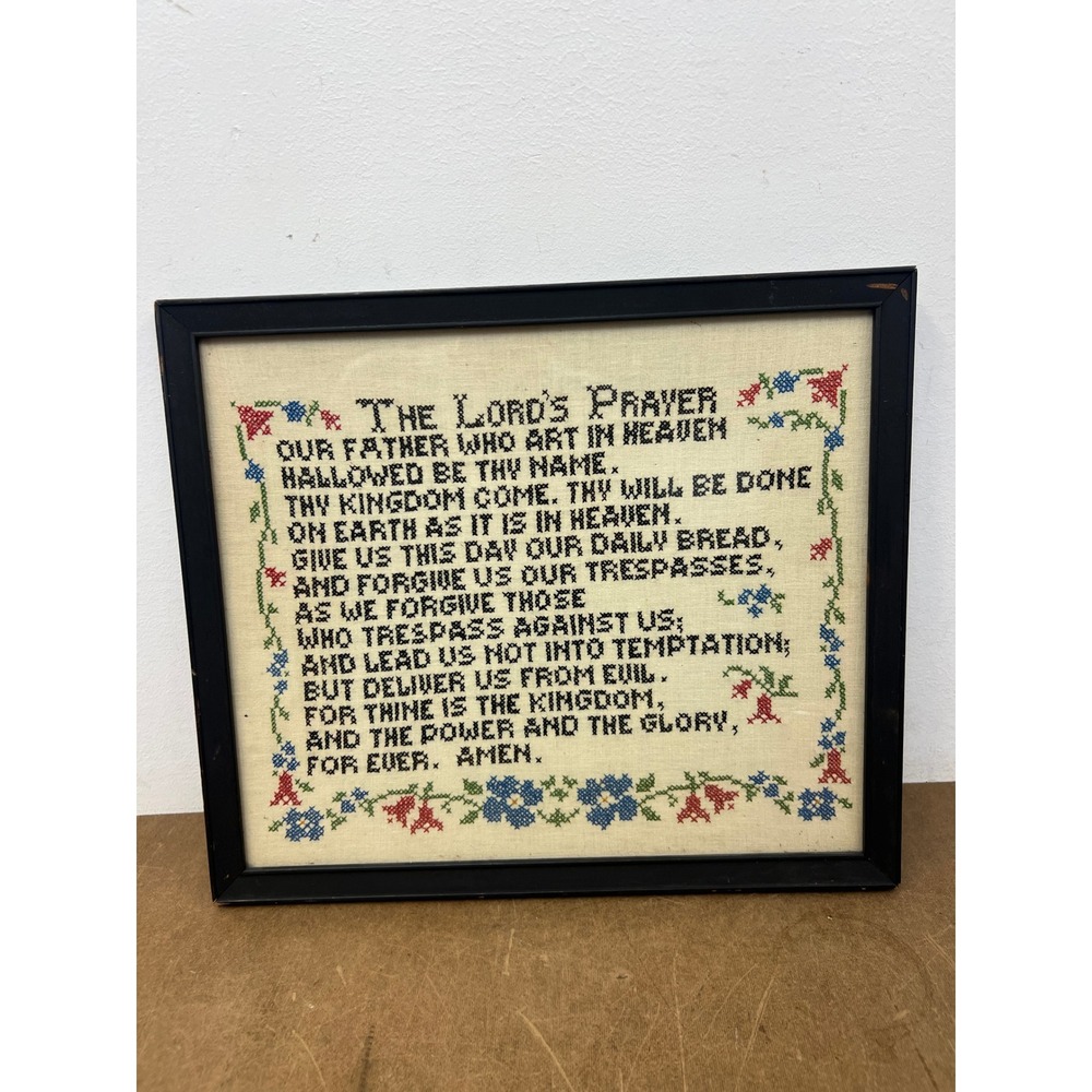 Vintage Framed Lords Prayer Cross Stitch Wall Art Floral Border Religious Decor
